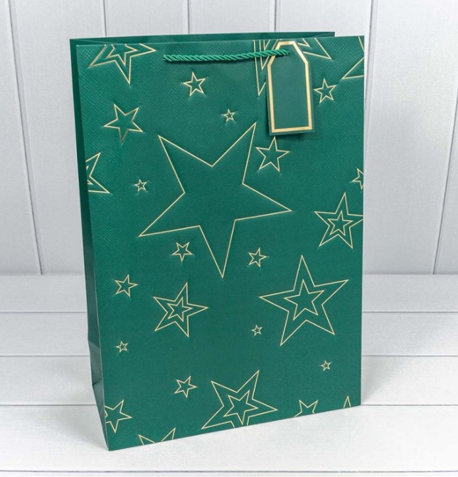 Пакет подарочный с тиснением "Звёзды" 32*45*15 см, Зеленый