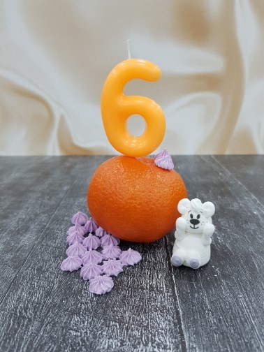 Свеча цифра простая оранжевая "6", 6см.