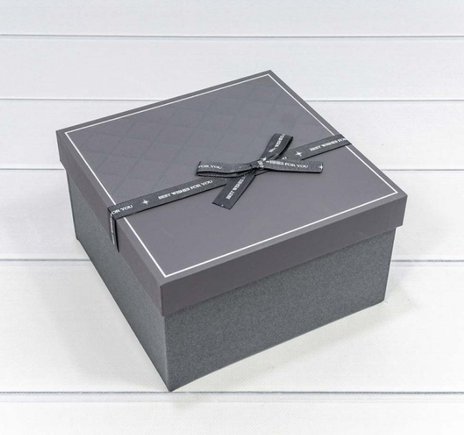 Коробка квадрат с бантом Серый  21*21*12,3 см