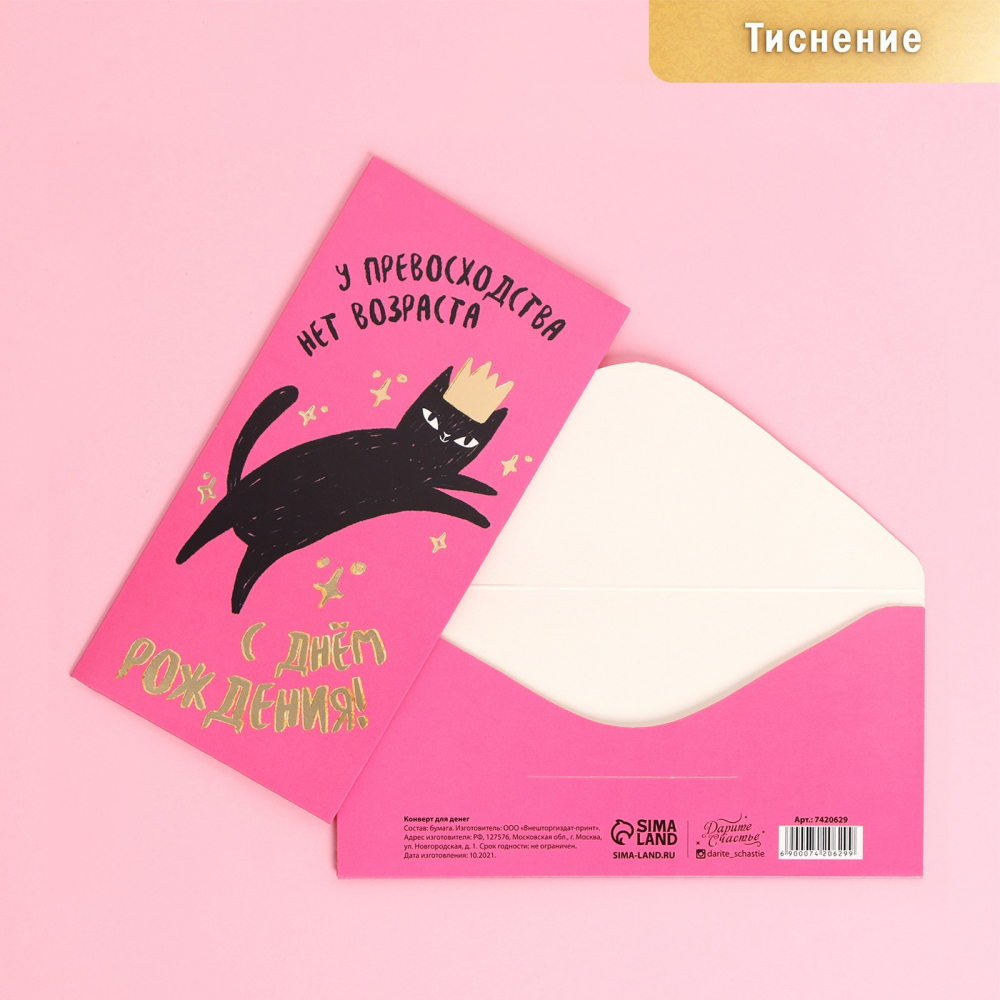 Конверт для денег «С Днем Рождения», кот, тиснение, 16,5 х 8 см