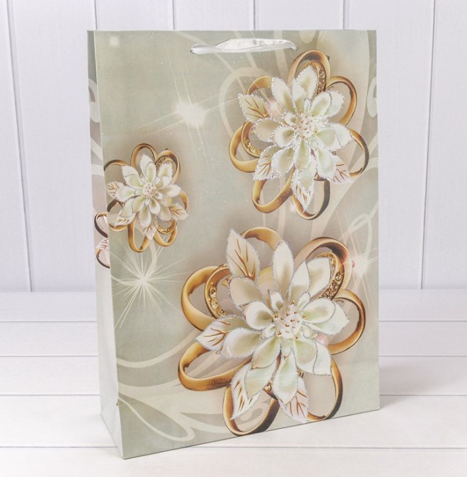 Пакет подарочный с блёстками "Цветы" Дизайн 4  32*45*12 см