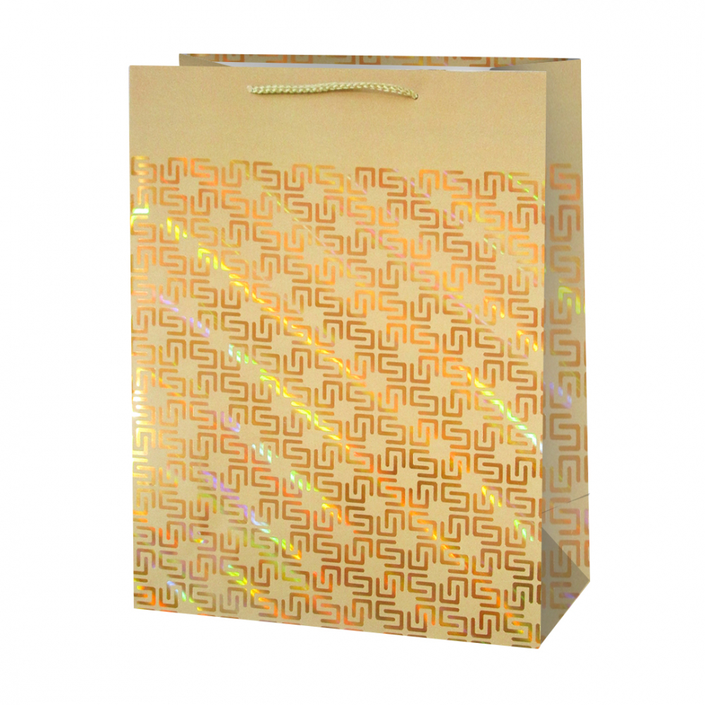 Пакет подарочный, Золотой узор на бежевом, Дизайн №3, Металлик, 32*26*10 см, 1 шт.
