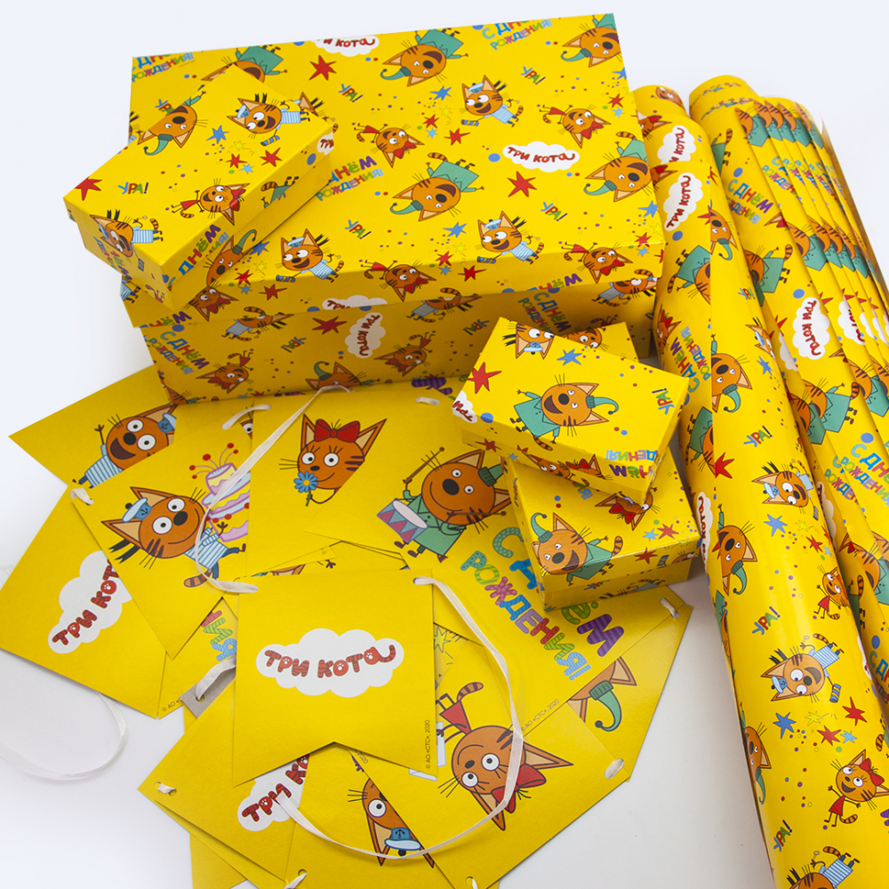 Упаковочная бумага (0,7*1 м) Три Кота, С Днем Рождения!, Желтый, 10 шт.