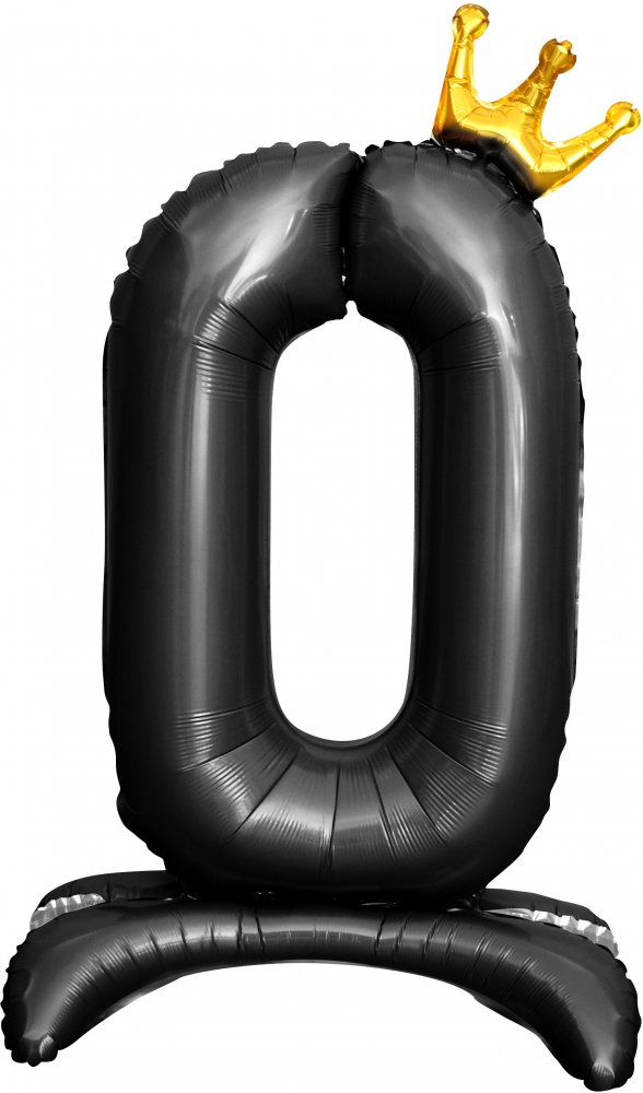 Шар (32''/81 см) Цифра, 0 Золотая корона, на подставке, Черный, 1 шт. в уп.