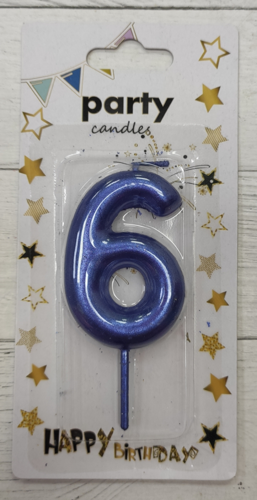 Свеча цифра "6"  синий металлик, 5см.