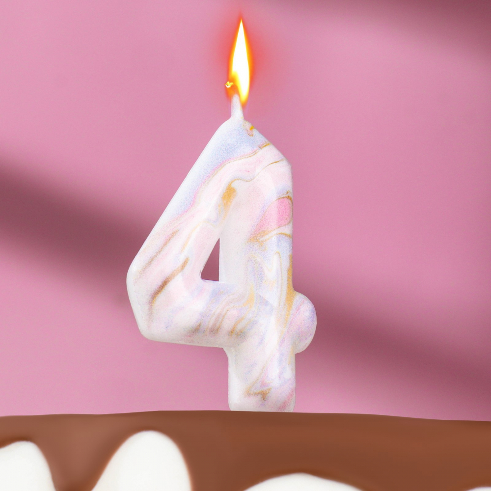 Свеча в торт "Белый мрамор", цифра "4", 8 см, 1 шт.