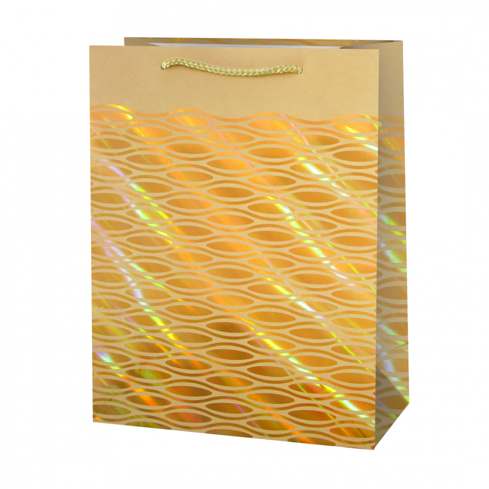 Пакет подарочный, Золотой узор на бежевом, Дизайн №2, Металлик, 42*31*12 см, 1 шт.