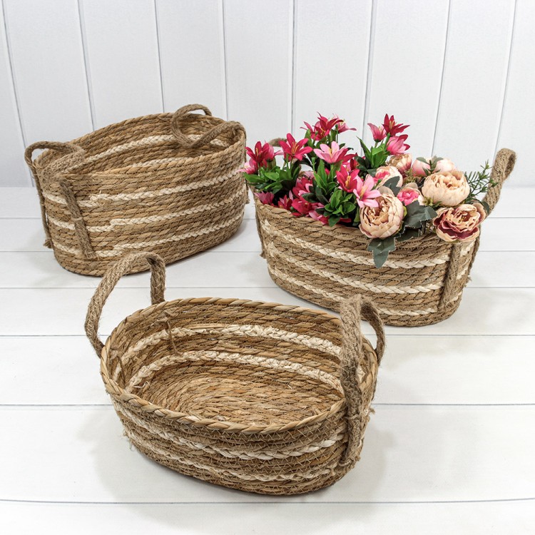 Корзины плетёные Овальные Набор 1/3 38*26*18 (±5%) из камыша с ручками (252) Натуральный