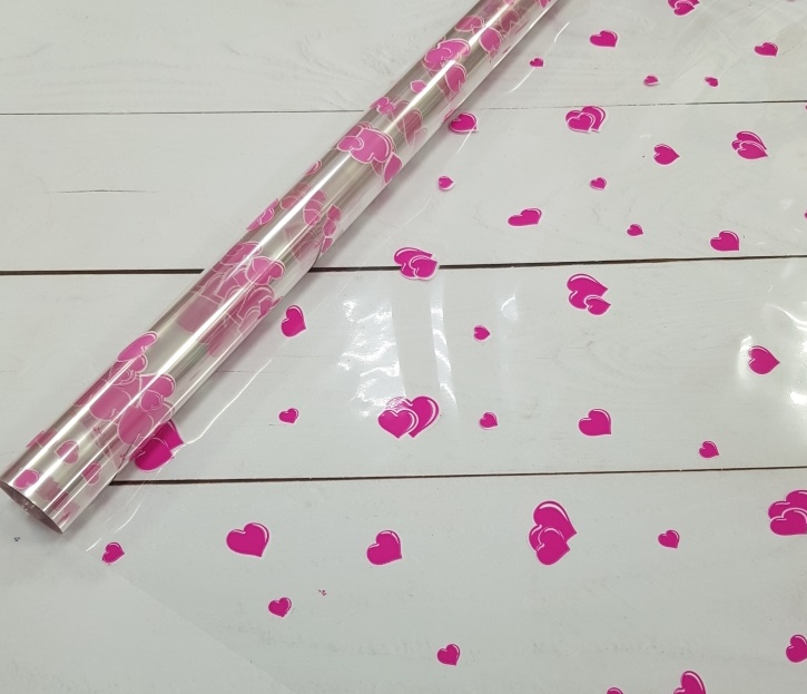Пленка  рисунком Сердечки 2цв яр.роз-белые, 600мм*400гр