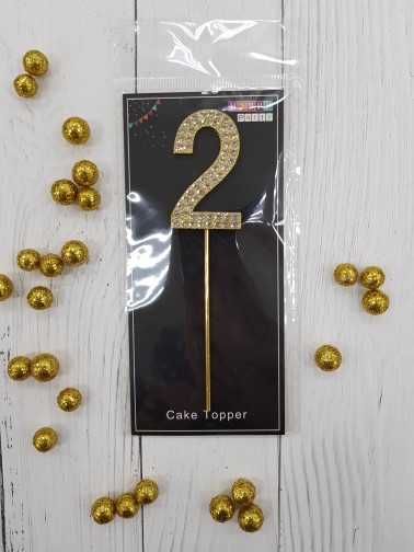 Топпер-цифра "2"- золото со стразами, 10 см.