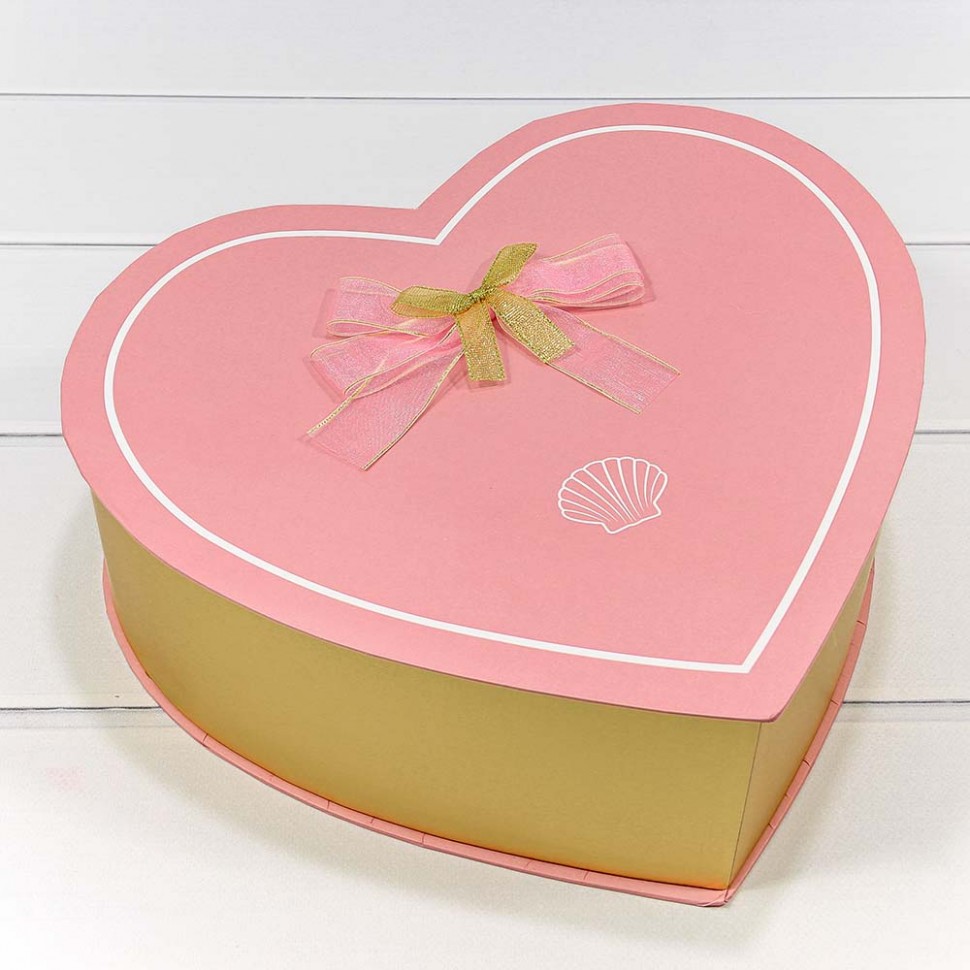 Коробка "Сердце" с двойным бантом Золотой/Розовый 28,7*27,8*8 см