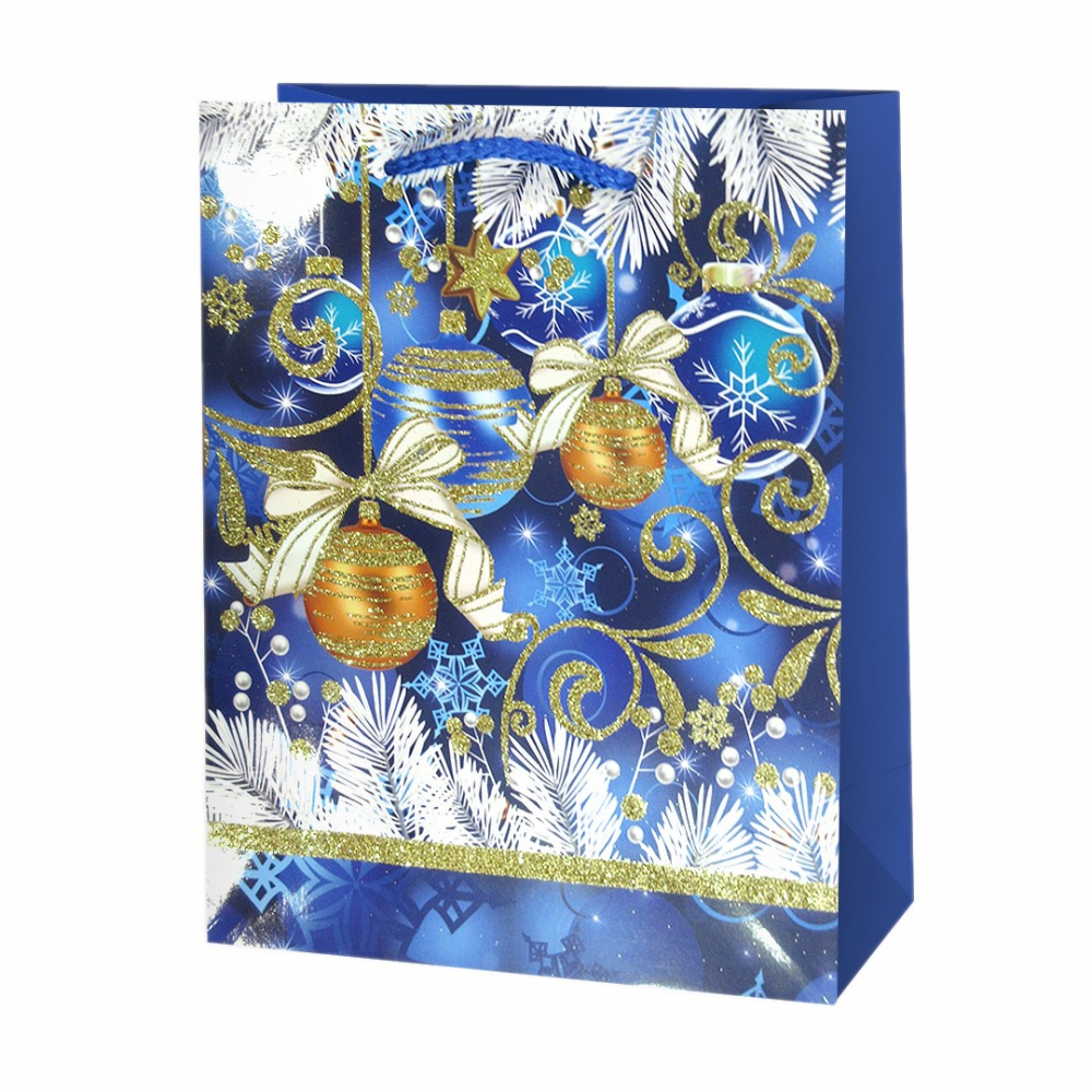 Пакет подарочный, Новогодние украшения, Дизайн № 1, с блестками, 23*18*8 см, 1 шт.