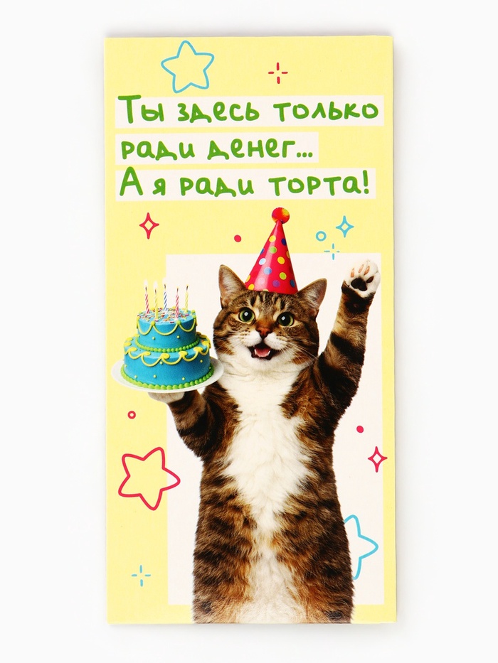 Конверт для денег «С Днём рождения!», кот с тортом 16.5×8 см