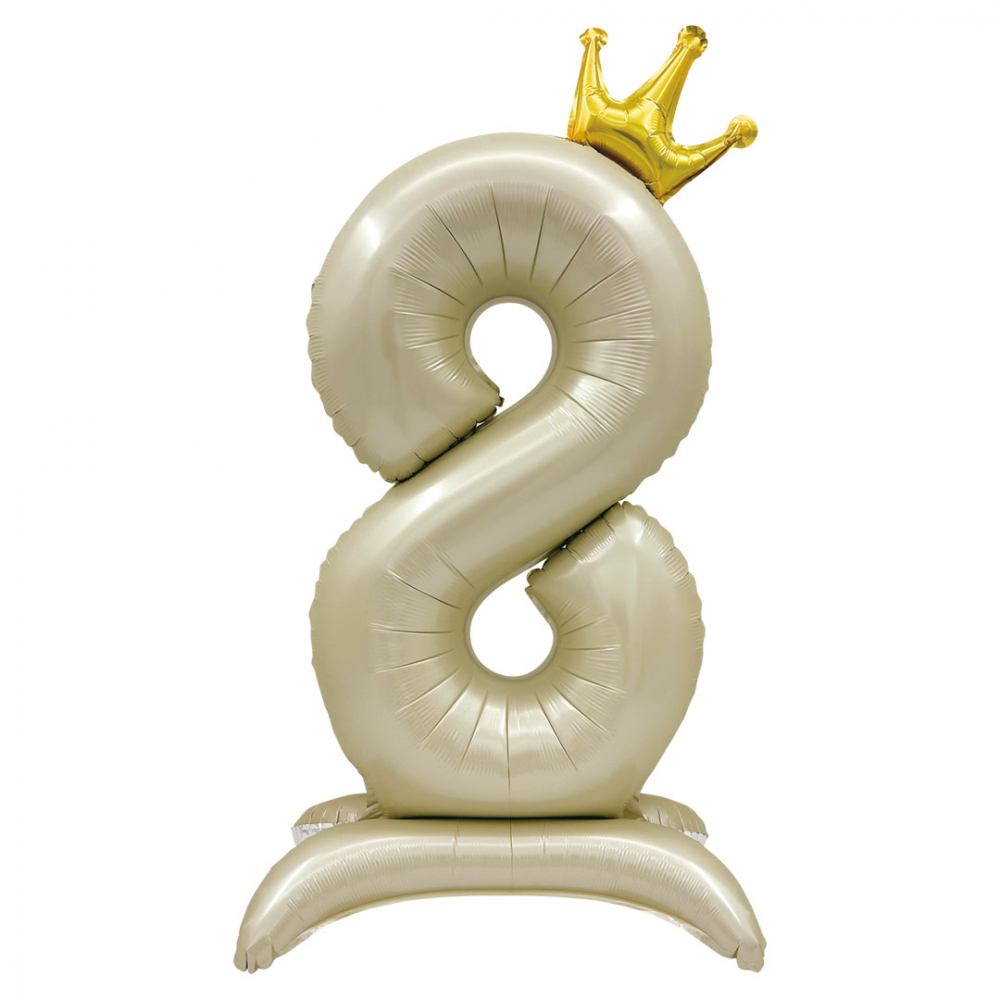 Шар (40''/102 см) Цифра, 8 Золотая корона, на подставке, Белый песок, 1 шт. в уп.