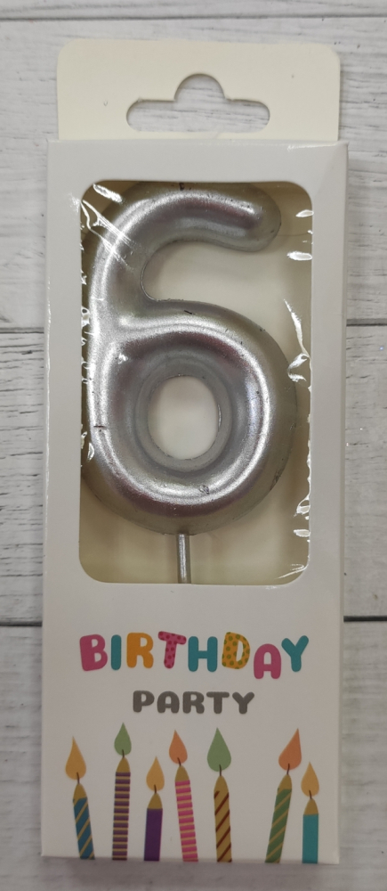 Свеча цифра "6"  серебро яркое, 6см.
