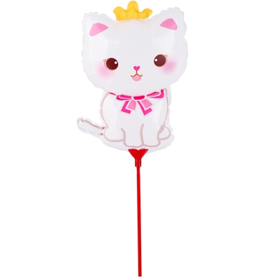 Шар (13''/33см) Мини-фигура, Котик белый корона на палочке, 1 шт.
