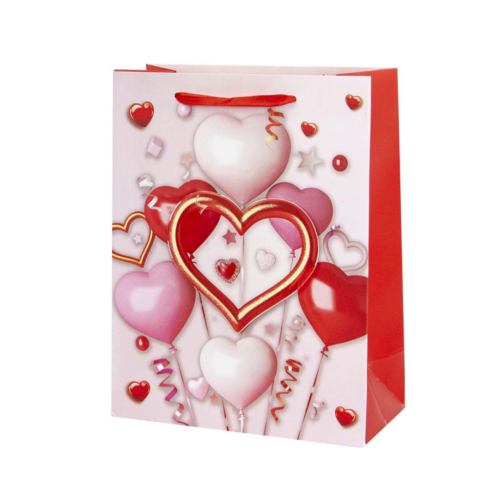 Пакет подарочный 3D, Шарики-сердечки, Красный, с блестками, 41*31*12 см, 1 шт.