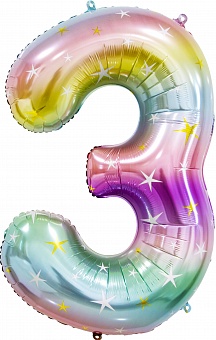 Шар (34''/86 см) Цифра, 3  Радужные искры, Градиент, 1 шт. в упак.