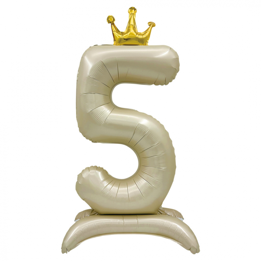 Шар (40''/102 см) Цифра, 5 Золотая корона, на подставке, Белый песок, 1 шт. в уп.