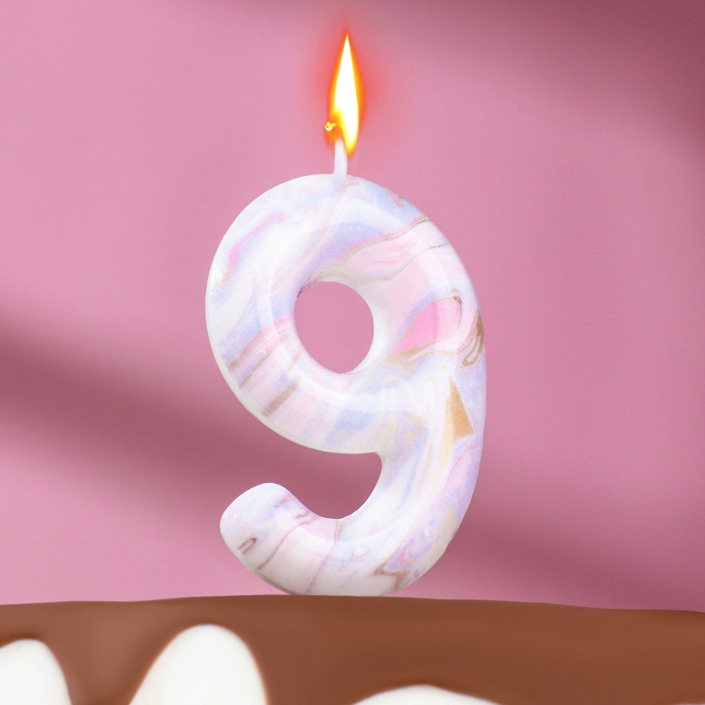 Свеча в торт "Белый мрамор", цифра "9", 8 см, 1 шт.