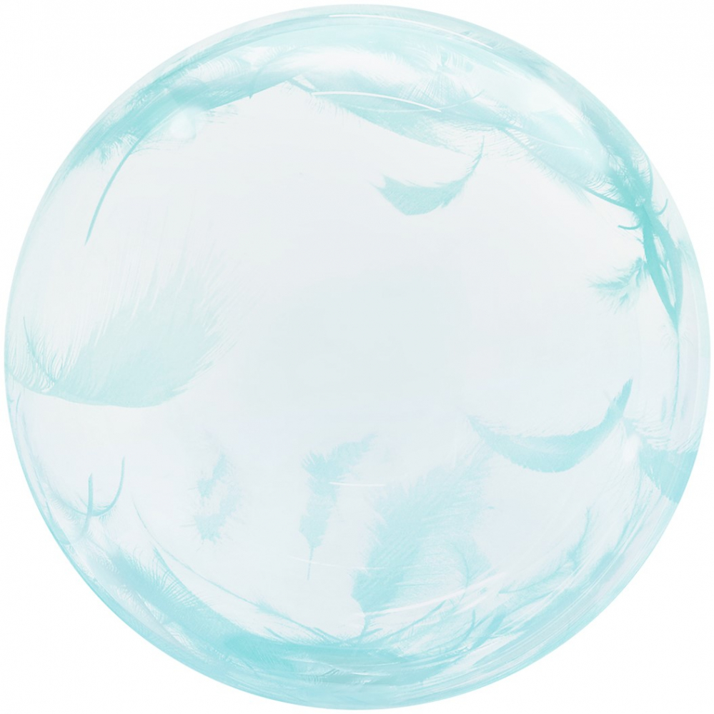 Шар (18''/46 см) Сфера 3D, Deco Bubble, Бирюзовые перья, Прозрачный, Кристалл, 1 шт. в упак.