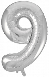 Шар (34''/86 см) Цифра, 9, Серебро, 1 шт. Falali, Китай