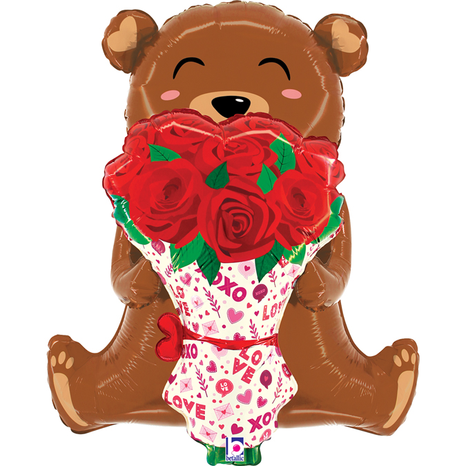 G Шар (25''/64 см) Фигура 3D, Мишка с букетом, 1 шт.