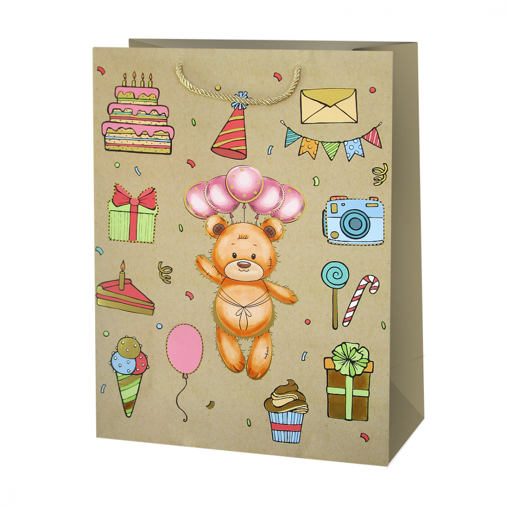 Пакет подарочный, Мишка на День Рождения, Дизайн №1, Металлик, 41,5*30*12 см, 1 шт.