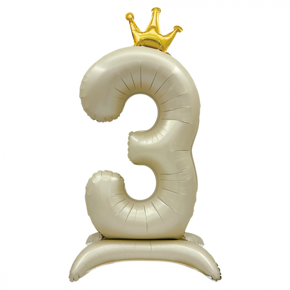 Шар (40''/102 см) Цифра, 3 Золотая корона, на подставке, Белый песок, 1 шт. в уп.