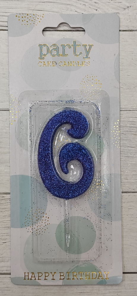 Свеча цифра белая глиттер синий "6", 8 см
