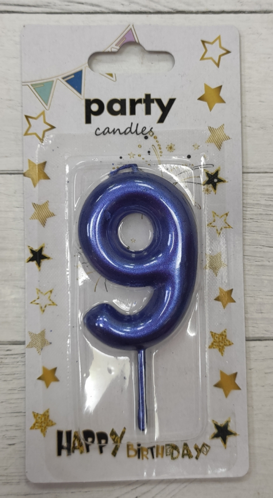 Свеча цифра "9"  синий металлик, 5см.