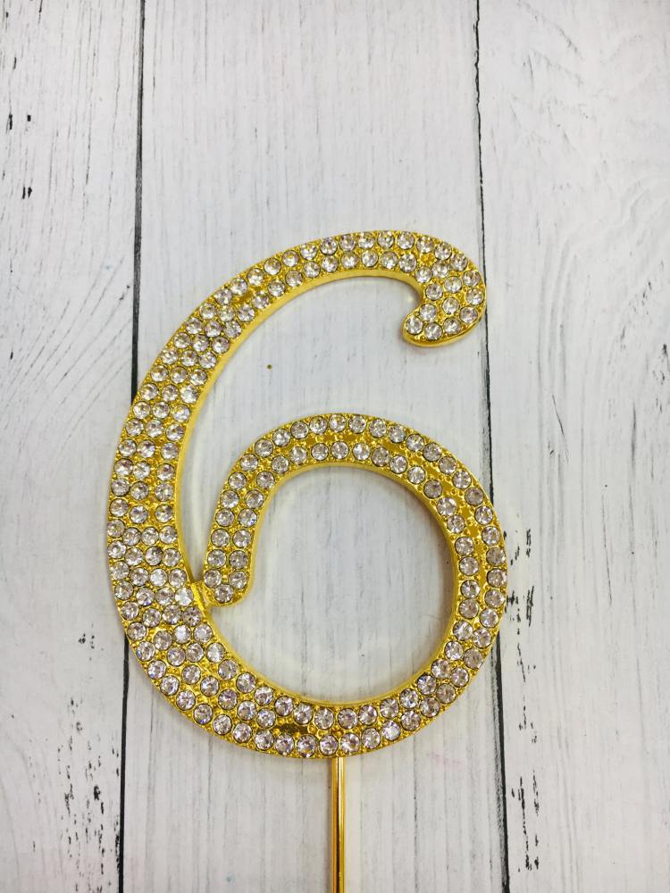 Топпер-цифра "6"- золото со стразами, 17 см.