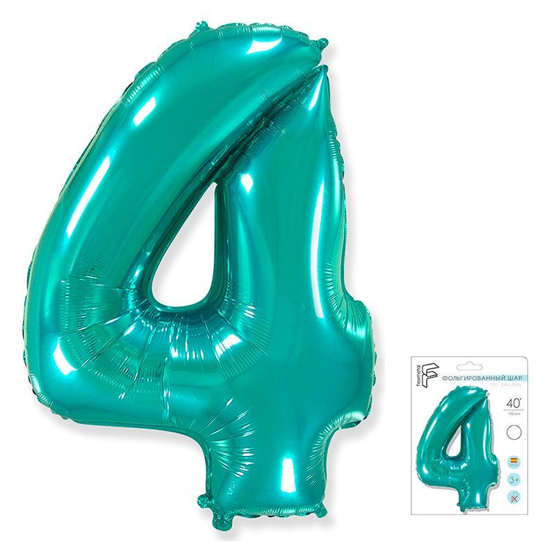 FM Шар (40''/102 см), Цифра 4, Тиффани (бирюзовый) / 1 шт в уп.