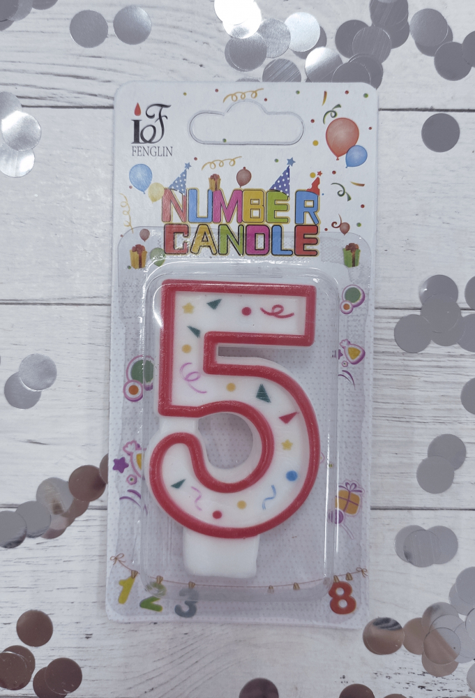 Свеча цифра "5" цветная окантовка, серпантин, 6см.
