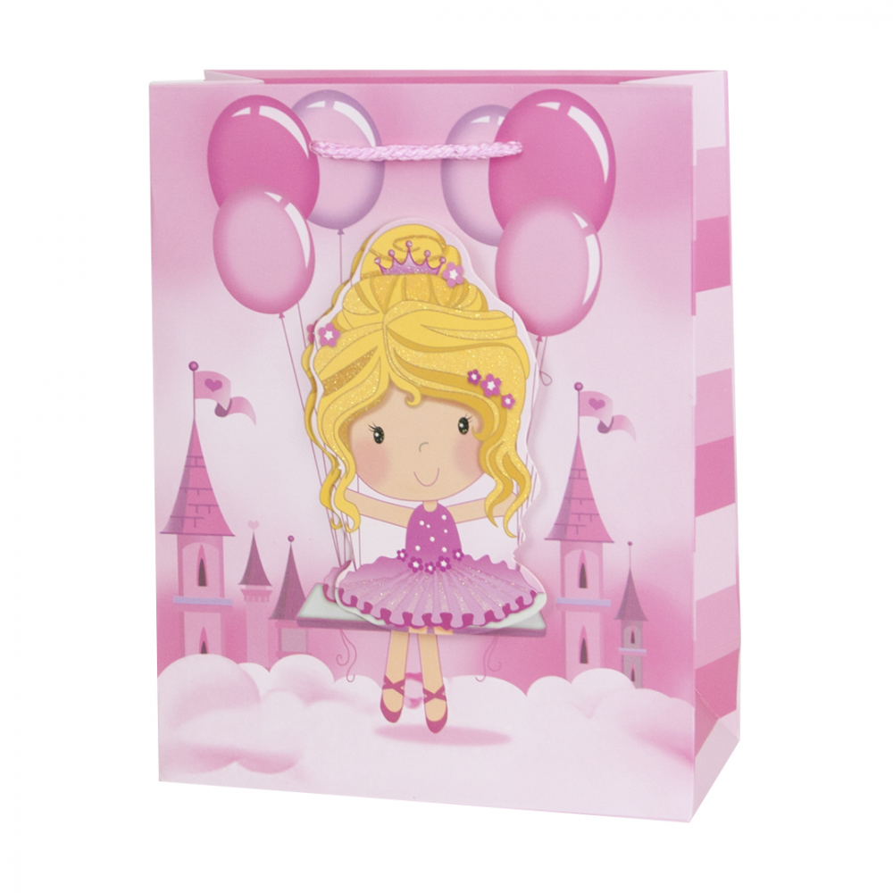 Пакет подарочный 3D, Принцесса с шариками, Розовый, с блестками, 23*18*8 см, 1 шт.