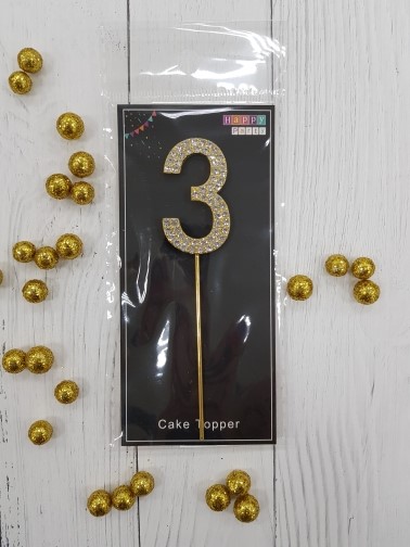 Топпер-цифра "3"- золото со стразами, 10 см.