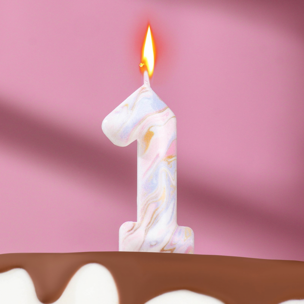 Свеча в торт "Белый мрамор", цифра "1", 8 см, 1 шт.