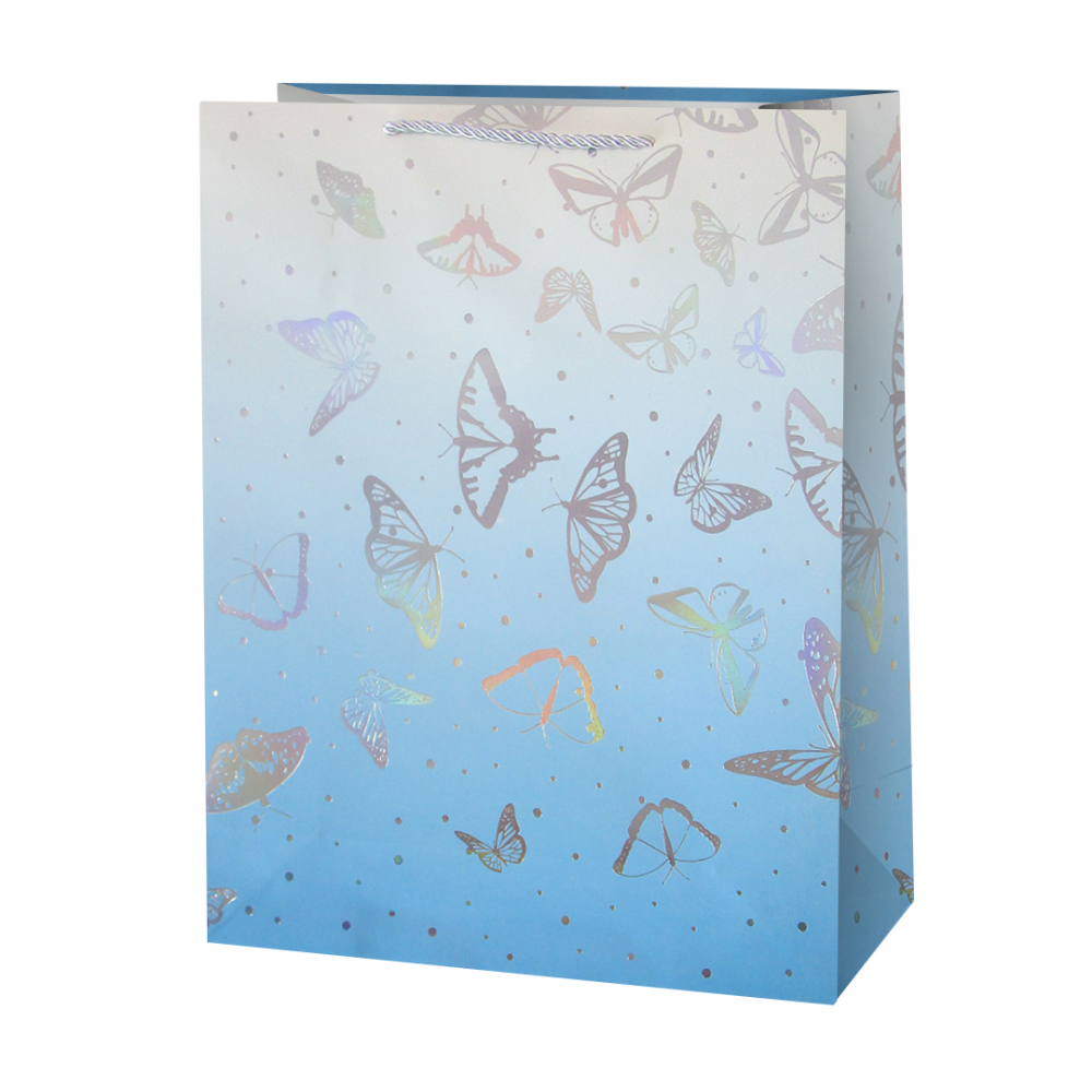 Пакет подарочный, Мерцающие бабочки, Голубой, Металлик, 32*26*10 см, 1 шт.
