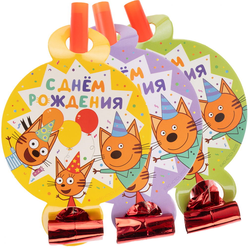 Карнавальные язычки гудки, Три Кота, Играем вместе, Желтый, 11 см, 6 шт. в упак.