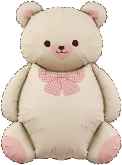 Шар (35''/89 см) Фигура, Мишка с бантом, Бежевый/Розовый, Сатин, 1 шт.