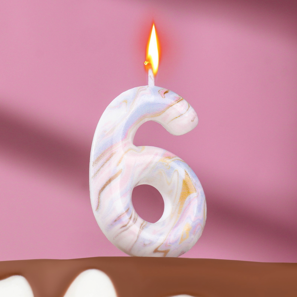 Свеча в торт "Белый мрамор", цифра "6", 8 см, 1 шт.