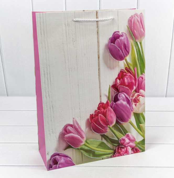 Пакет с блестками "Тюльпаны"  30*41,5*12 см, 1 шт.  Дизайн 3