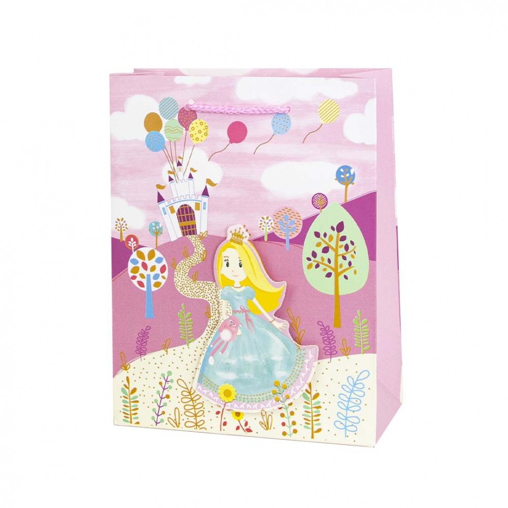 Пакет подарочный 3D, Принцесса с шариками, Розовый, с блестками, 42*31*12 см, 1 шт.