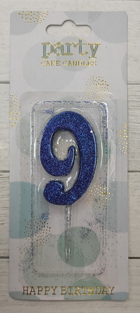 Свеча цифра белая глиттер синий "9", 8 см