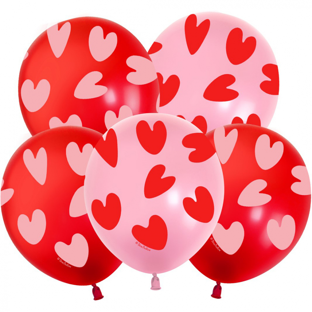 Шар (12''/30 см) Воздушные сердца, Красный/Розовый, пастель, 5 ст, 25 шт.