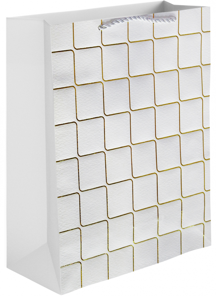 Пакет подарочный, Золотые квадраты, Белый, Металлик, 44*31*12 см