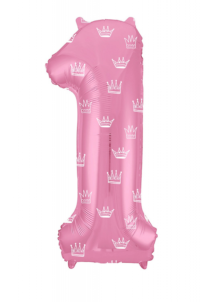 Шар (40''/102 см) Цифра, 1, Slim, Короны, Розовый, в упаковке, Россия