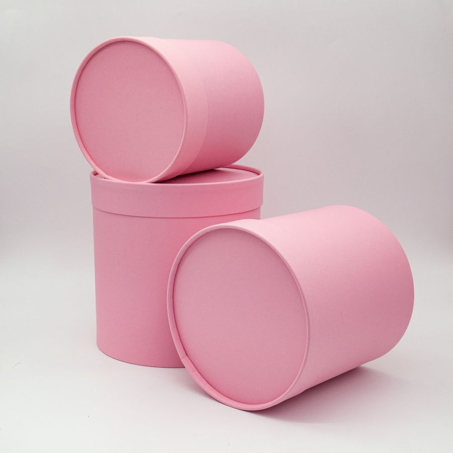 Набор коробок 3в1 цилиндр H18хD18 / H16хD16 / H14хD14см, завальц.край, с крышкой, розовый
