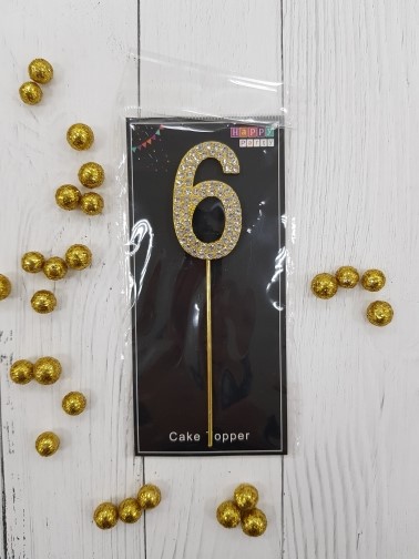 Топпер-цифра "6"- золото со стразами, 10 см.